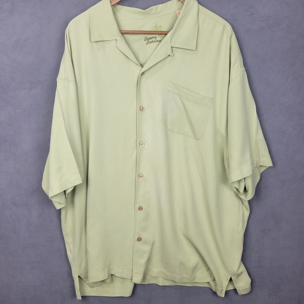 Tommy Bahama Hawaiian Shirt Men 2XL Olive Green 100% Silk Short Sleeve Button-Up
